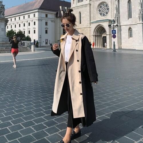 2020 new korean Double-breasted color block patchwork Windbreaker Coat Womens Spring Autumn Long Trench Coats b452