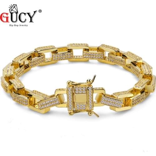 GUCY New Hip Hop Bracelet Micro Pave CZ Stones Gold/Silver Color Plated Bling Iced Out Copper Link Chain Bracelets For Men 7" 8"