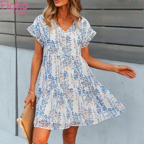 Flokocloset Summer V-Neck Elegant Print Mini Dress Casual Soft Ruffles Chiffon Beach Party A-line Sundress for Women