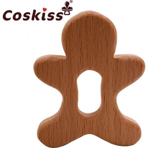 Coskiss Baby Wooden Teether Beech Wood Cartoon Gingerbread Man Teething Toys Montessori Inspired Nursing Pendant Baby Teether