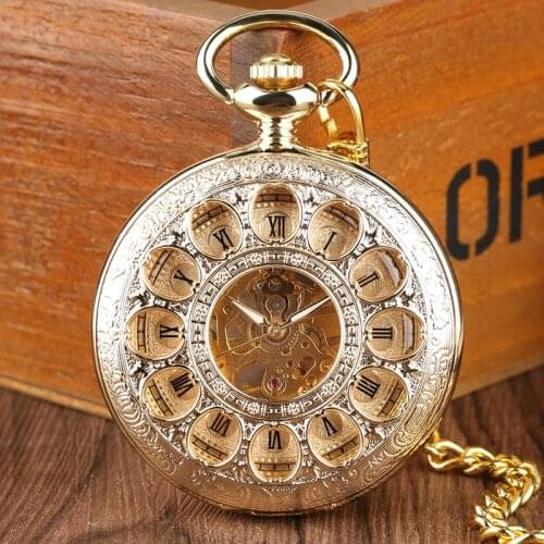 Luxury Gold Mechanical Pocket Watch Hollow Skeleton Hand Winding Stainless Steel Pendant Watch Chain Jewelry Clock for Men Women