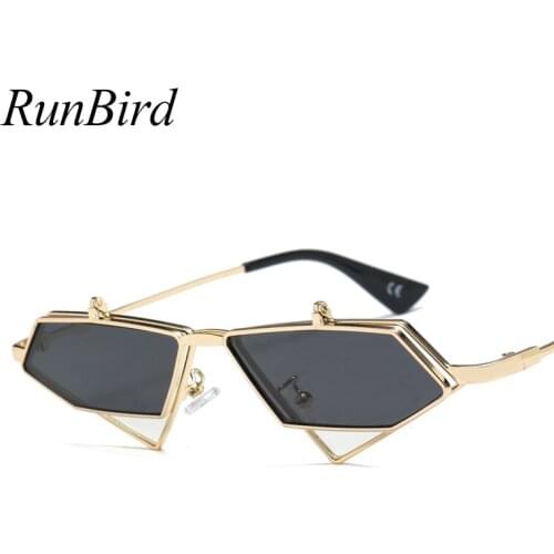 RunBird Vintage Punk Triangle Sunglasses Women Men Metal Frame Black Red Flip Cover Sun Glasses Retro Shade 5253R