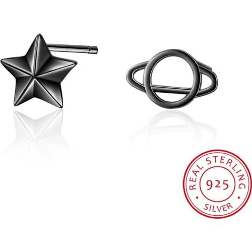 100% 925 Sterling Silver Jewelry Fashion Cute Tiny Black Asymmetric Universe Star Stud Earrings For Daughter Girls DS198