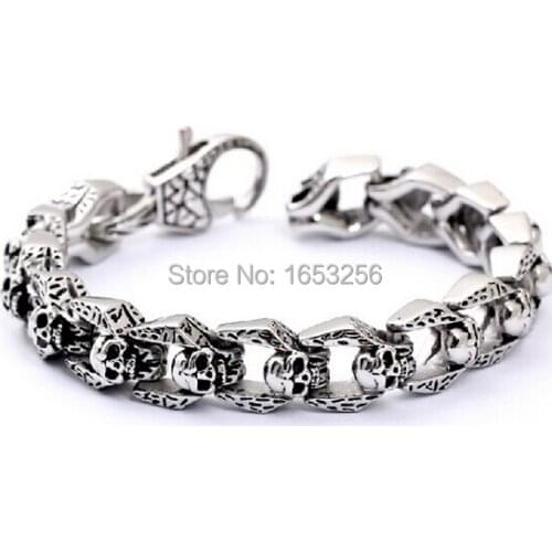 8.66'' Fashion Jewelry Vintage Mens Women Stainless Steel Bracelet Gothic Emo Skull Chain Biker Bracelet 15mm