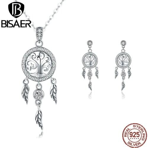 BISAER Vintage 925 Sterling Silver Jewelry Set Dream Catcher Necklaces & Earrings Jewelry Sets Fine Sterling Silver Jewelry
