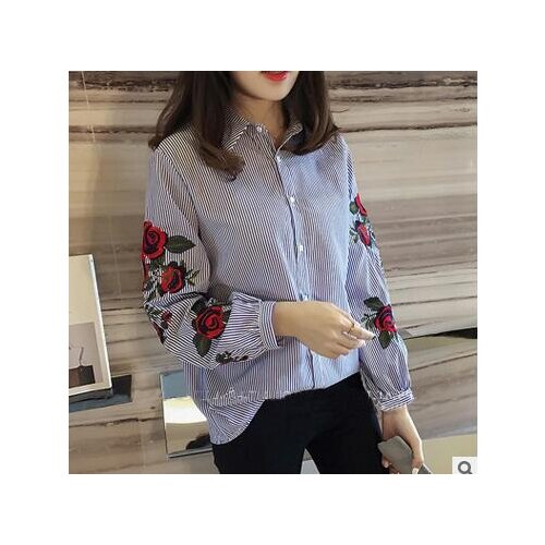 30pcs/lot korean style woman full embroidery flower blouse female casaul lantern sleeve autumn blouse 2colors
