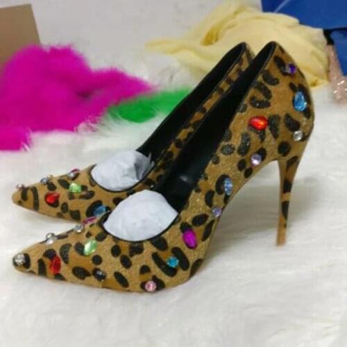 Spring Leopard Horsehair Multi Gem Rhinestone Decor Pointed Toe Pumps Ladies Celebrity Stilettos Mujer High Heels Party Shoes