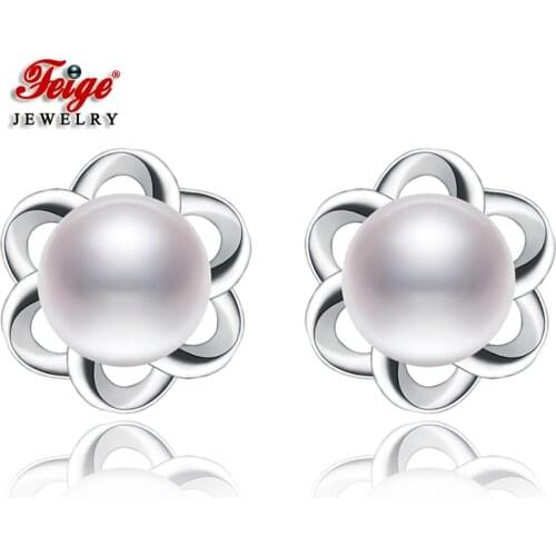 FEIGE Brand Earring 925 Sterling Silver Stud Earrings 6-7mm Genuine Natural Pearl Earrings for Women Anniversary Pearl Gift
