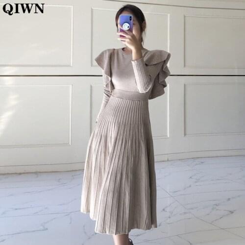 One Piece Dress Women 2020 Autumn Office Korean Slim A Line Sweater Dress Elegant High Waist Ladies Ruffle Knit Sweater Dresses
