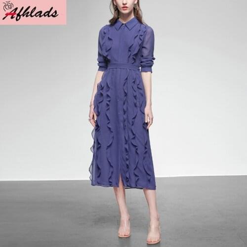 Spring 2021 new womens ruffled chiffon long-sleeved single-breasted Turn-Down Collar high waist solid color shirt dress