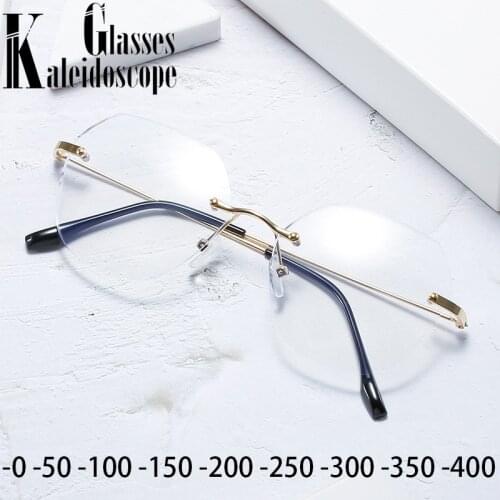 -0.5 1.0 1.5 3.5 Finished Myopia Glasses Women Men Shortsighted Rimless Eyewear Transparent Prescription Eyeglasses Metal Frame