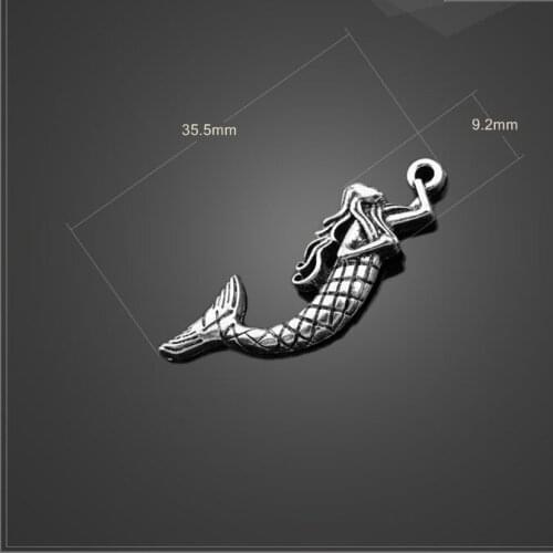 High Quality 10 Pieces/Lot 9.2mm*35.5mm Antique Silver Plated Alloy Metal Charms Cute Mermaid Charms For Jewelry Making