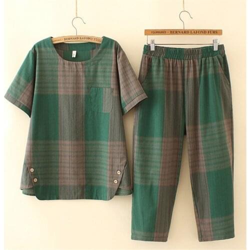 2021 Women Sets Short Sleeve Casual Sportswear Fashion Plaid Summer Two Piece Set Elegant Mom Thin Plus Size Suit Women 4XL