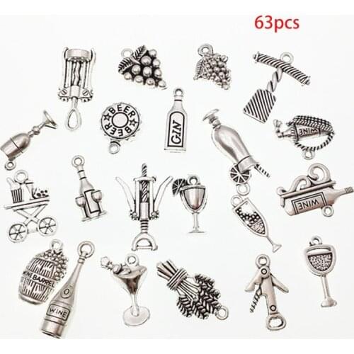 63Pcs Mixed Antique Silver Wine Glass Grape Cocktail Bottle Opener Charms Pendants DIY Jewelry Making Necklace Crafts