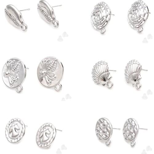 8Seasons Fashion Zinc Based Alloy Ear Post Stud Earrings Findings Shell Round Bee Silver Color DIY Making Women Jewelry , 4PCs
