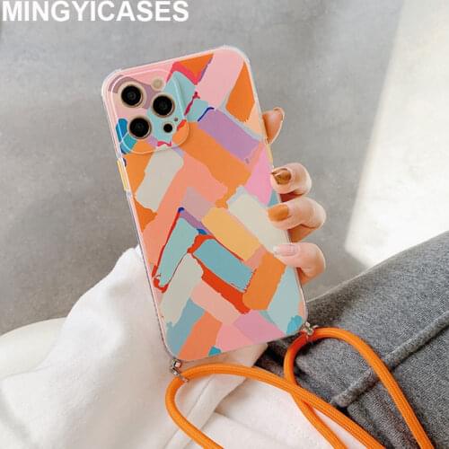 Color Pattern Phone Case For iPhone 12 Mini 11 Pro Max XR XS Max 7 8 Plus X Soft TPU Clear Long Strap Phone Back Cover Cases