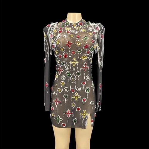 New Style Multi-color Rhinestone Black Transparent Short Dress Evening Wedding Birthday Chains Costume Celebrate Bar Dress