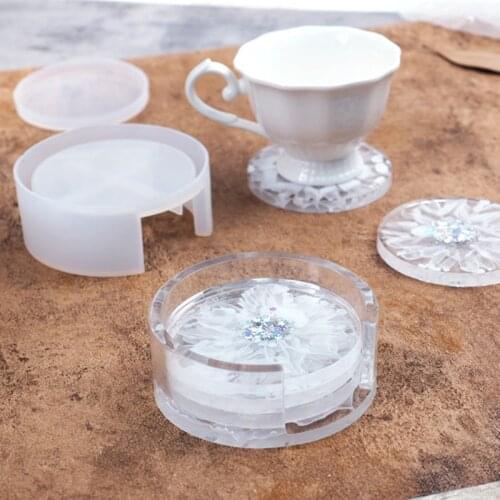 Coaster Resin Mold Coaster Mould Set of 4 with Holder Cup Pad Mold Coaster Set Silicone Mold DIY Resin Circle Tray Molds