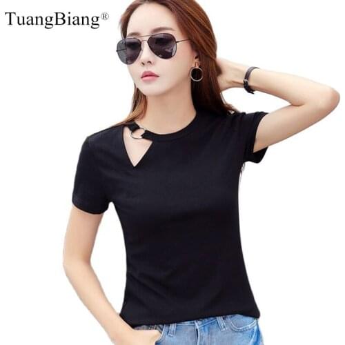 Hollow Out Off One Shoulder O-Neck Cotton T-Shirts Woman Slim Fashion Comfortable Summer Tshirts Female Office Black Yellow Tops