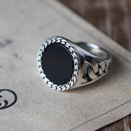 Real S925 Silver Retro Silver Chain Pattern Inlaid Black Agate Silver Ring Ring Mens Adjustable