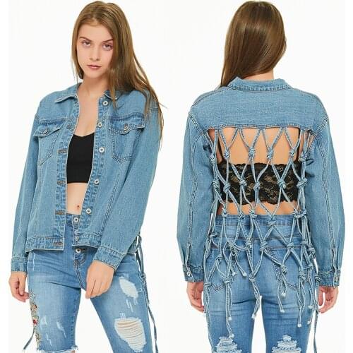 High Street Womens Backless Jeans Jacket Hollow Out Female Kpop Clothes Streetwear Casual Denim Tassel Washed Frayed Destroy