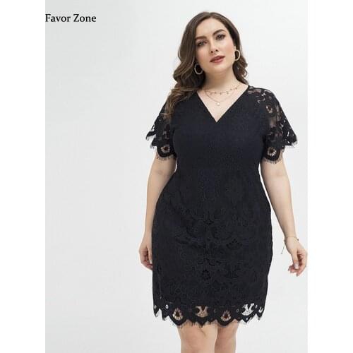 Summer Black Plus Size Mini Dress For Women Sexy Lace V-neck Evening Party Dresses Elegant Short Sleeve Large Size Dress Female