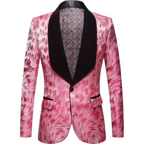 Mens Fashion Big Shawl Lapel 2 Pieces Set Pink Wedding Groom Suits Quality Jacquard Banquet Tuxedo