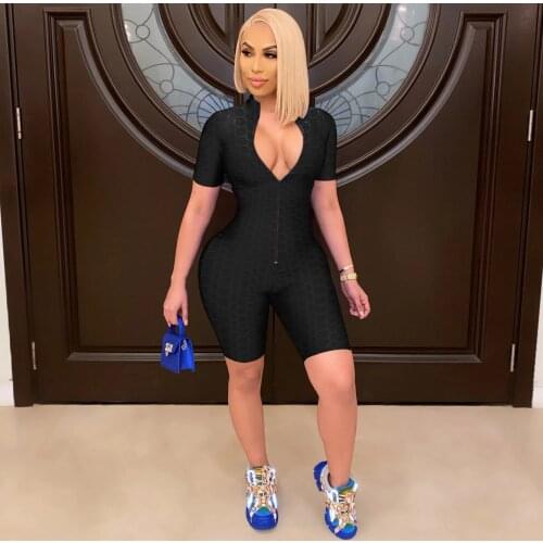 Sexy Short Sleeve bodysuit Jumpsuit Women Summer Bodycon Rompers Shorts Active Wear Zipper Playsuit One Piece Outfit