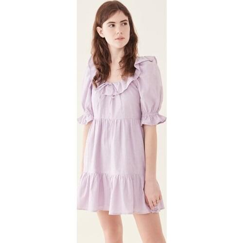 Backless Lacing Puff Sleeves Mini Dress Ruffles Sweet High Waist Purple Summer 2021 Beach Style Customization Fashion