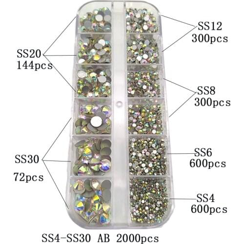 2000pcs Flat Back Gem Round Crystal Rhinestones 6 Sizes 1.5-6mm With Tweezer For Nail Decoration Crafts Eye Makeup Clothes Shoes