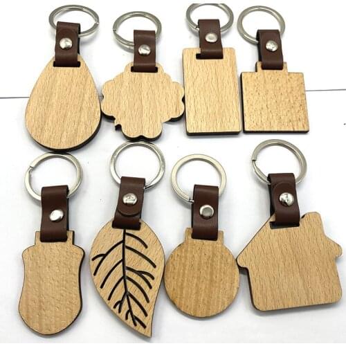 Blank Wooden Keychain For Men Women New Rectangular Round Leaf Shape Pendant Wood Pu Leather Key Chain Keyring Gifts Accessories