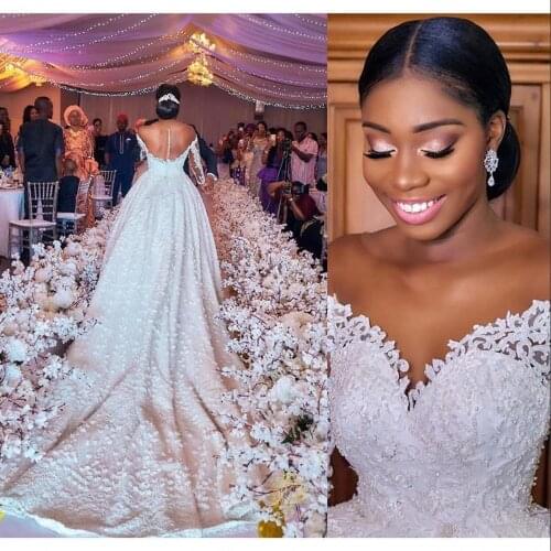 African Luxury Long Sleeve Ball Gown Wedding Dress Illusion Top Pearl Beaded Lace Bridal Gowns Vestido De Noiva Cathedral Train