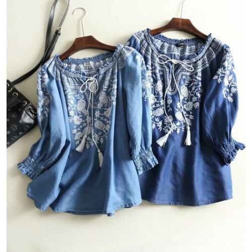2021 New Fashion Spring Casual Denim Shirt Women V-neck Tassel Loose Boho Ethnic Vintage Embroidery Blouse Tops Blusa Feminina