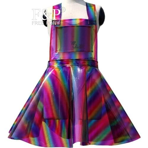Handmade Plus Size Clothing Rainbow Holographic PVC Overall Dresses Women Rave Clothes Outfits Skater Circle Dress