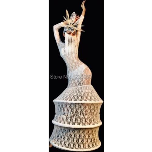 Stage performance sexy clothing headwear nightclub bar female singer dance team white personality lace skirt costume party dress