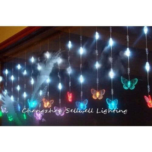 Led christmas bulb ceiling decoration 0.65*6m coloured butterfly crystal bead curtain lamp H200