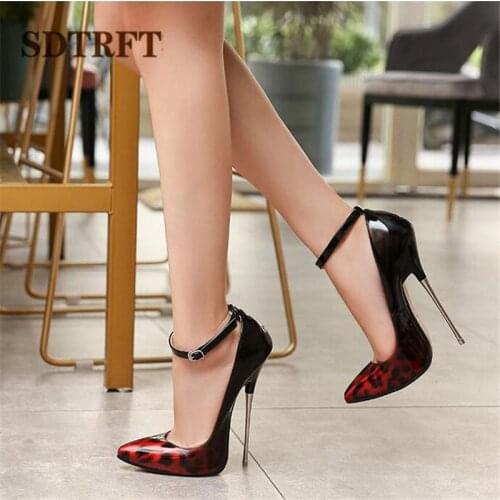 SDTRFT shoes woman Crossdresser Pointed Toe Pumps Leopard Print Pattern gradient black 16cm Ultra high thin heel Buckle Stiletto