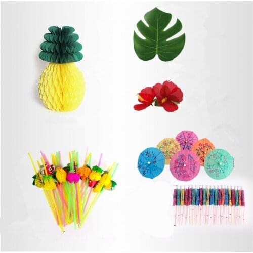 Party Table Dress up Ornaments Decorative Honeycomb Straw Fruit Sign Monstera Hibiscus