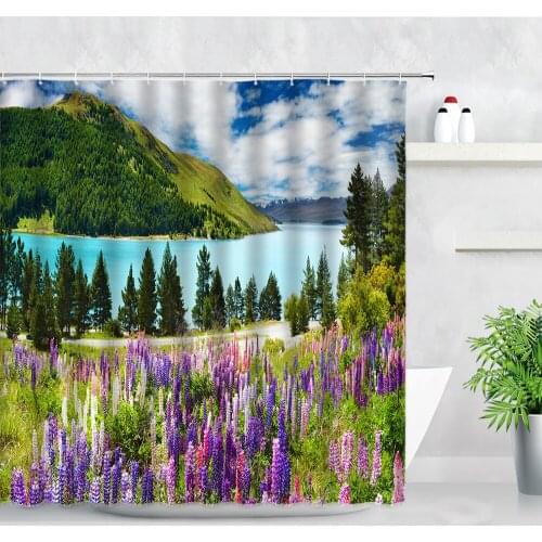 Spring Landscape Shower Curtains Blue Sky Green Plants Trees Purple Lavender Natural Scenery Waterproof Bathroom Decor Curtain