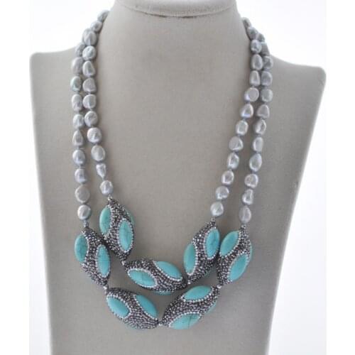 Z10566 2row 19" 30mm Gray Baroque Pearl Turquoise Shuttle CZ Necklace