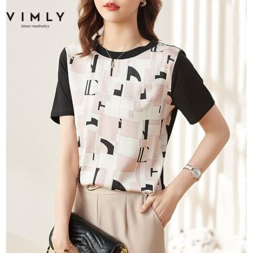 Vimly New Summer Women T-shirts Patchwork Short Sleeve Fashion Loose Tees Round Neck Casual Contrast Tops Female Clothes F7709