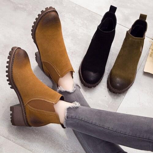Genuine Leather Women Martin Boots Khaki Casual Shoes Winter Keep Warm Shoes High Heel for Women Ankle Chelsea Boots