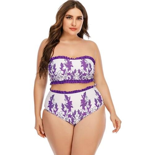 Plus Size Bandeau Bikini Tube Top Swimsuit Women High Waisted Two Piece Bathing Suit Retro Push Up Padded Larger Swimwear