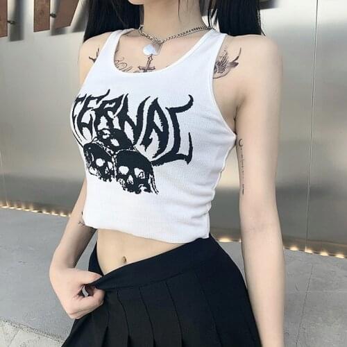 Gothic Punk Tops Women Streetwear Thorns Flame Black Letter Print Tank Top Summer Sexy Sleeveless Loose Casual Harajuku Top