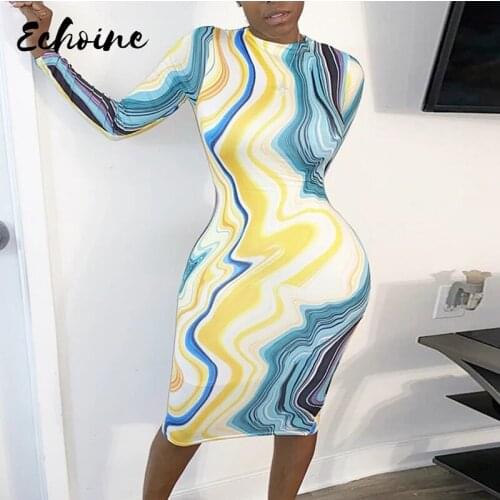 2020 Long Sleeve Print Bodycon Sexy Midi Dress Autumn Winter Women Blue Fashion Streetwear Outfits Party Skinny Bodycon Dresses