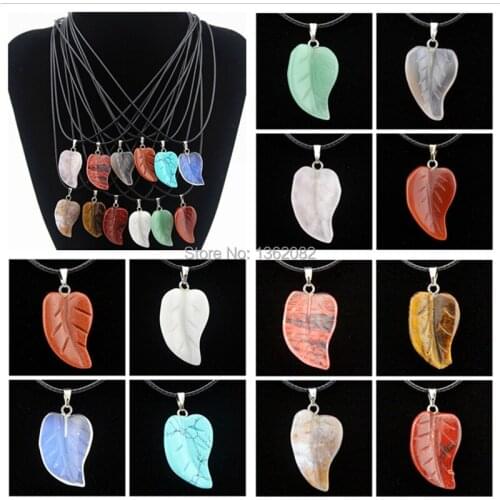 Wholesale 12pcs Fashion Natural Stone Carved Leaf Pendant Necklace For Girl Womens Lucky Gift MN538