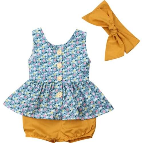 2019 Brand Infant Newborn Baby Girls Clothes Floral Sleeveless Button Tops Dress+Shorts+Headband Outfits Sunsuit 0-24M