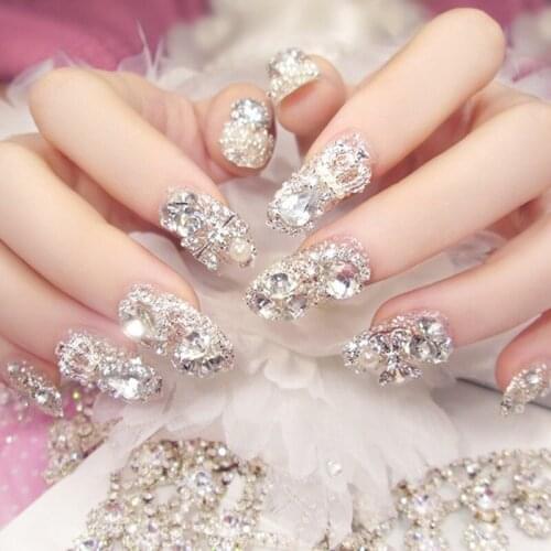 24pcs/box Fake Nails Shining Gems Rhinestones Embellishments Bridal Nail Art Patches DIY Nail Decoration Supplies