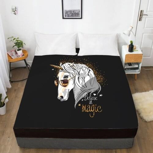 3D HD Digital Printing Custom Bed Sheet With Elastic,Fitted Sheet Twin Full Queen King,Mattress Cover 160x200,Black unicorn