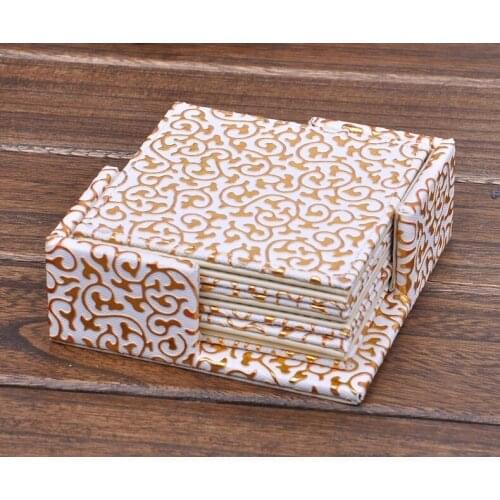 4'' square PU leateher coffee tea cup pad cup mat coaster placemat paper lace doilies gold over white 2141A